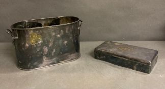 A vintage silver plate double champagne bucket and a silver plate cigarette box