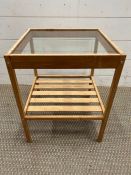 An occasional table with glass top and slatted shelve (H46cm Sq34cm)