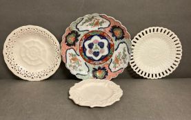 A selection of three white pierced plates to include Hartley Green an an Imari dish