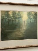 A print of a woodland path at Dusk signed lower right M Clarke 53x40