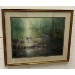 A print of a stream at dusk signed lower right M Clarke 53 x 40