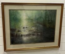 A print of a stream at dusk signed lower right M Clarke 53 x 40