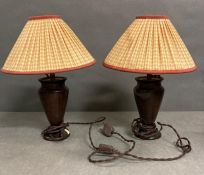 A pair of vintage turned wooden lamps with Gingham style shades