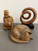 Three wooden carved items, cat, buddha and a sculpture