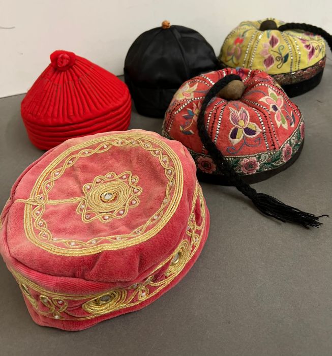 A selection of Nepalese and mandarin embroidered smoking caps. - Image 3 of 5