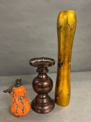 Three decorative items including vase, candle holder etc.