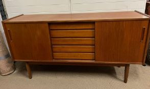 A teak sideboard with two sliding doors to front and drawers to centre (H80cm W150cm D40cm)