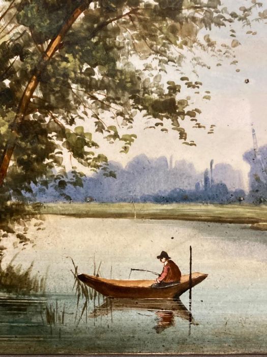 A hand painted tile of a gentleman fishing on a lake - Image 3 of 6