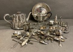 A large selection of silver plate items to include tea set, Harrods bowl, toast rack, cutlery etc.
