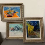 Three van Gogh prints, The Gipsy Caravan, The Cafe and Boats