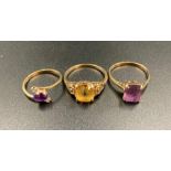 A selection of three 9ct gold rings, various settings and stones (Approximate Total Weight 6g)