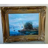 Oil on canvas of sailing boats signed bottom left in gilt frame 40cm x 30cm