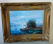 Oil on canvas of sailing boats signed bottom left in gilt frame 40cm x 30cm