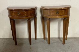 A pair of flame mahogany in laid side table on tapering legs (H65cm W52cm D30cm)