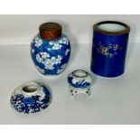 Four blue and white porcelain items including ginger jar, ink well and brush pot
