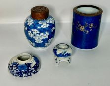 Four blue and white porcelain items including ginger jar, ink well and brush pot