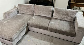 L Shaped contemporary sofa in a chenille fabric (H66cm W298cm and 190cm D105cm SH298cm)