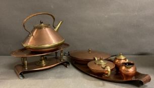 A W A S Benson tea service, warmer, kettle and tureen and tray all in copper and brass.