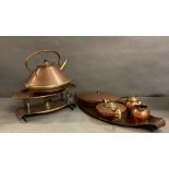 A W A S Benson tea service, warmer, kettle and tureen and tray all in copper and brass.