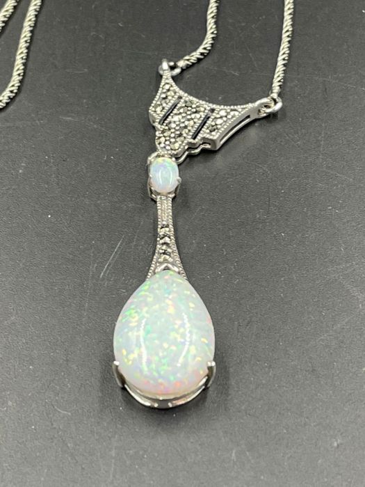 A silver opal and marcasite set necklace. - Image 2 of 2