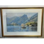 Mountain scene with fishing boats, unknow artist 50cm x 33cm