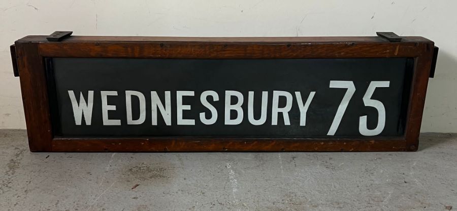 A bus sign in oak frame with winder, Wednesbury, Great Bridge, Spoon Lane, Rednal (29cm x 102cm)
