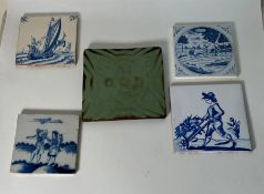 Five assorted tiles including, Delf and one signed