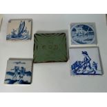 Five assorted tiles including, Delf and one signed