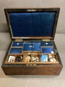 An antique burr walnut sewing box with brass inlay