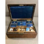 An antique burr walnut sewing box with brass inlay