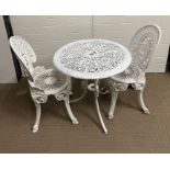 A white metal garden bistro set (H66cm Dia70cm)