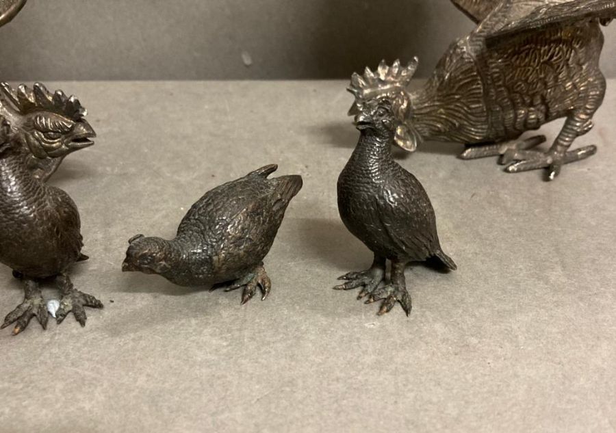 A Pair of white metal fighting cockerels and four bronze style partridge. - Image 2 of 4