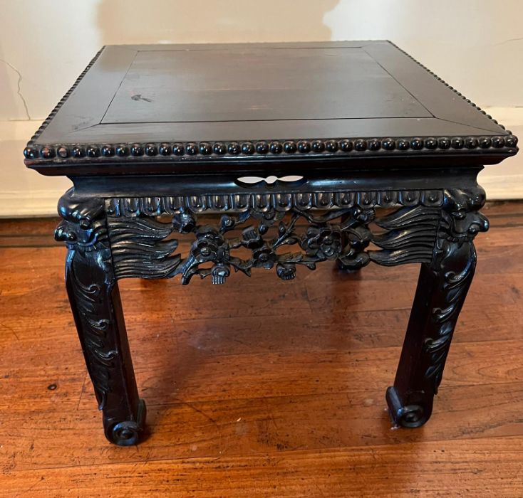 An 19th century carved Chinese table, possibly Qing dynasty (H35cm Sq37cm) - Image 2 of 3