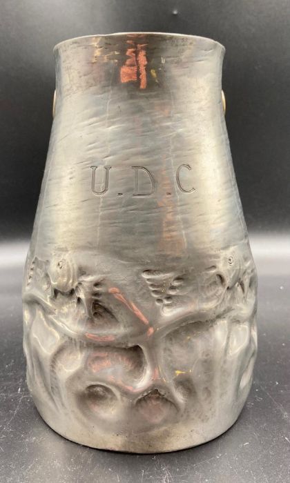 A Tudric Pewter jug decorated with fish amongst waves stamped 'Tudric' and model number '0174' - Image 5 of 5