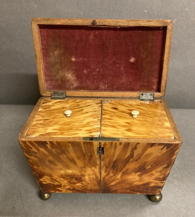 An antique tortoiseshell tea caddy on brass ball feet AF - Image 4 of 8