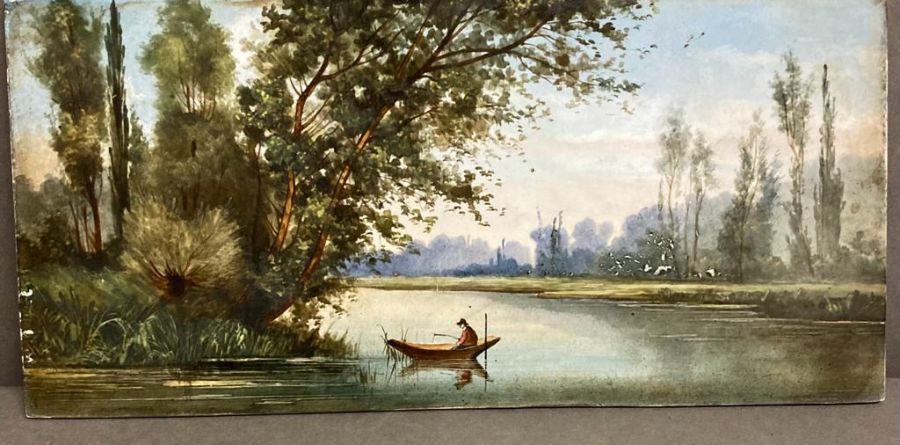 A hand painted tile of a gentleman fishing on a lake