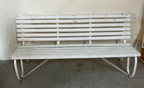 A regency style garden bench with painted slats and metal frame (H90cm W185cm D70cm)