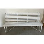 A regency style garden bench with painted slats and metal frame (H90cm W185cm D70cm)