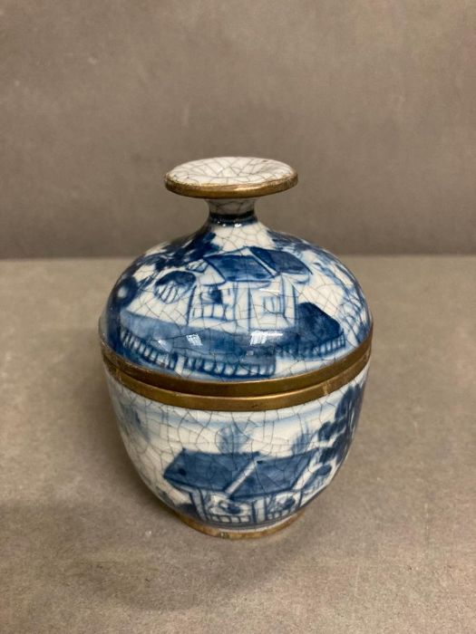 Two hand painted Chinese lidded pots with brass banding - Image 3 of 5