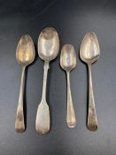 Four silver teaspoons, various makers and hallmarks, some Georgian.