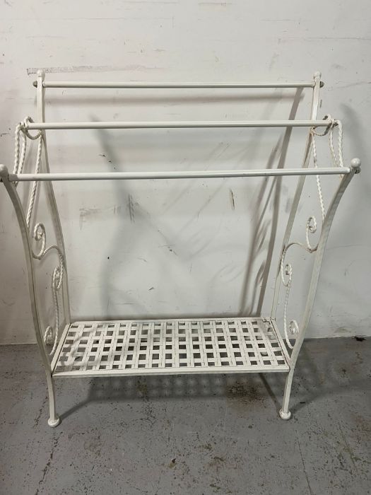 A white metal towel rail with scroll detail to sides (H90cm W70cm)
