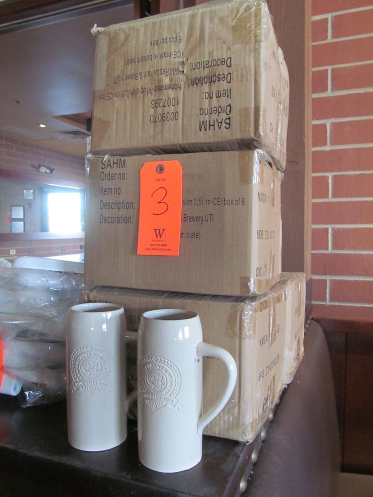 Lot - (3) Boxes Ram Brewery "Mug Club 2019" Beer Steins (Dining Area)