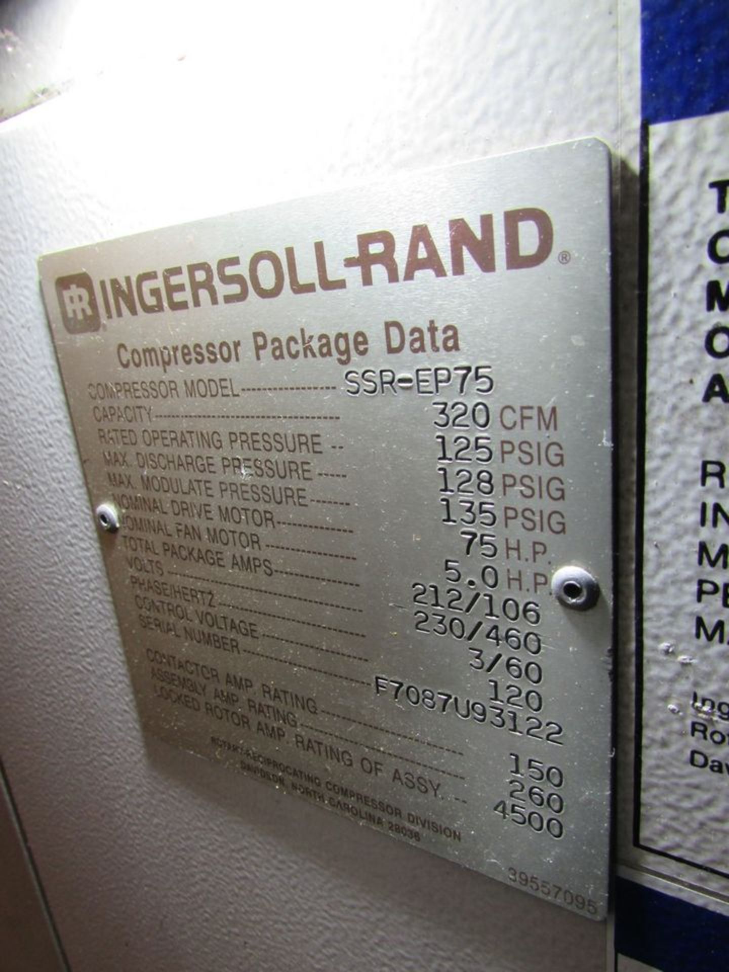 Ingersoll Rand Model SSR-EP75 (S/N: F7087U93122) (1993) 75 HP Rotary Screw Air Compressor, 320 - Image 10 of 10