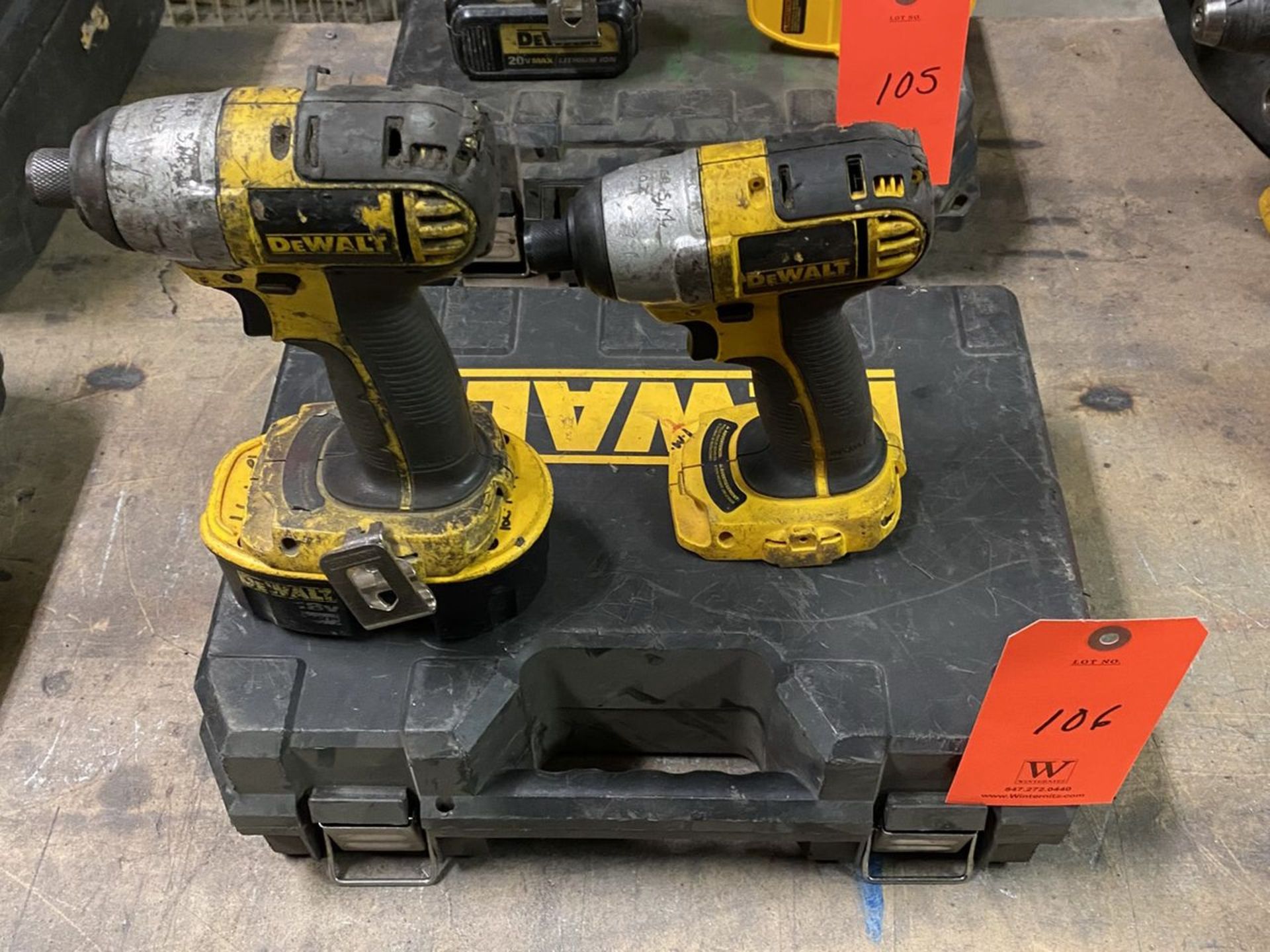 Lot - (2) DeWalt 1/4 in. Model DC825 Cordless Impact Drivers; with Carrying Case