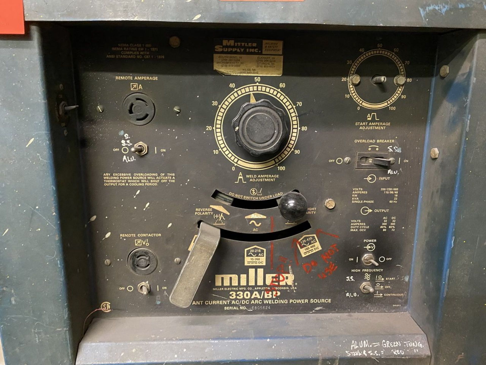Miller Model 330 A/BP Constant Current AC/DC Arc Welding Power Source, S/N: JE805624; Rated Nema - Image 3 of 4