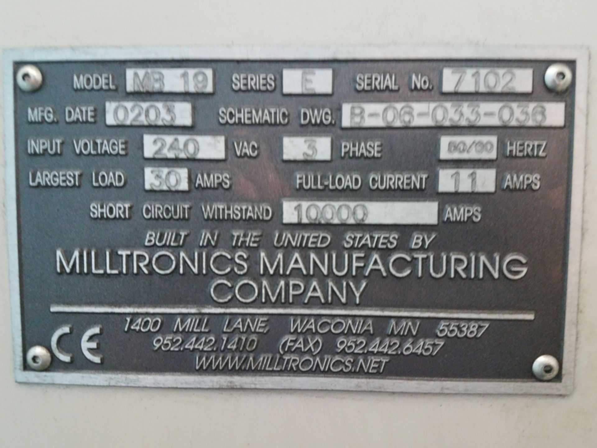 Milltronics 3-Axis Series E Model MB 19 CNC Vertical Milling Machine, S/N: 7102 (2003); with - Image 7 of 7