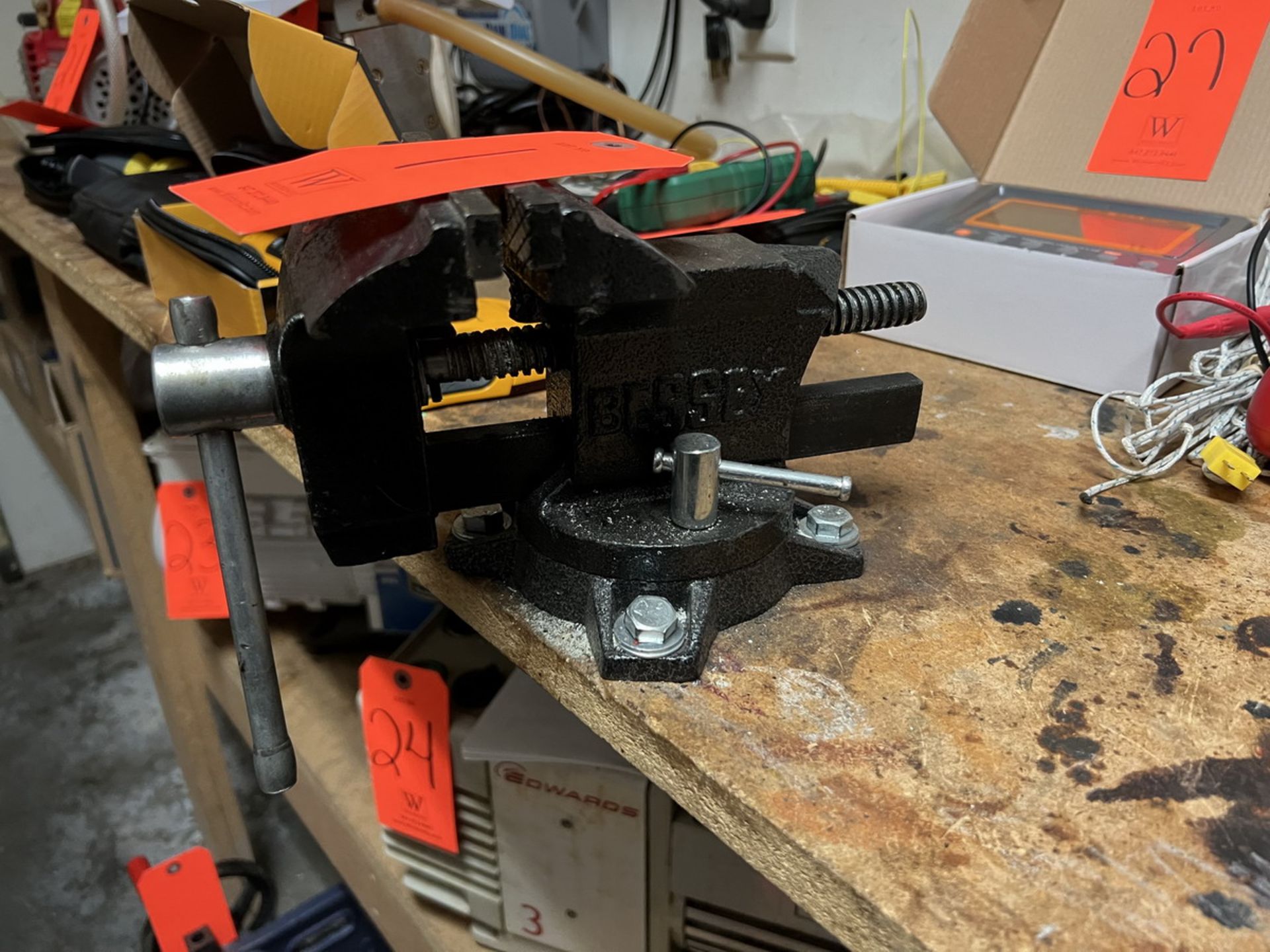 Bessey 4 in. Bench Vise; with 360-degree Turn Swivel Base, 3 in. Throat Depth, Mounted to Wood Bench