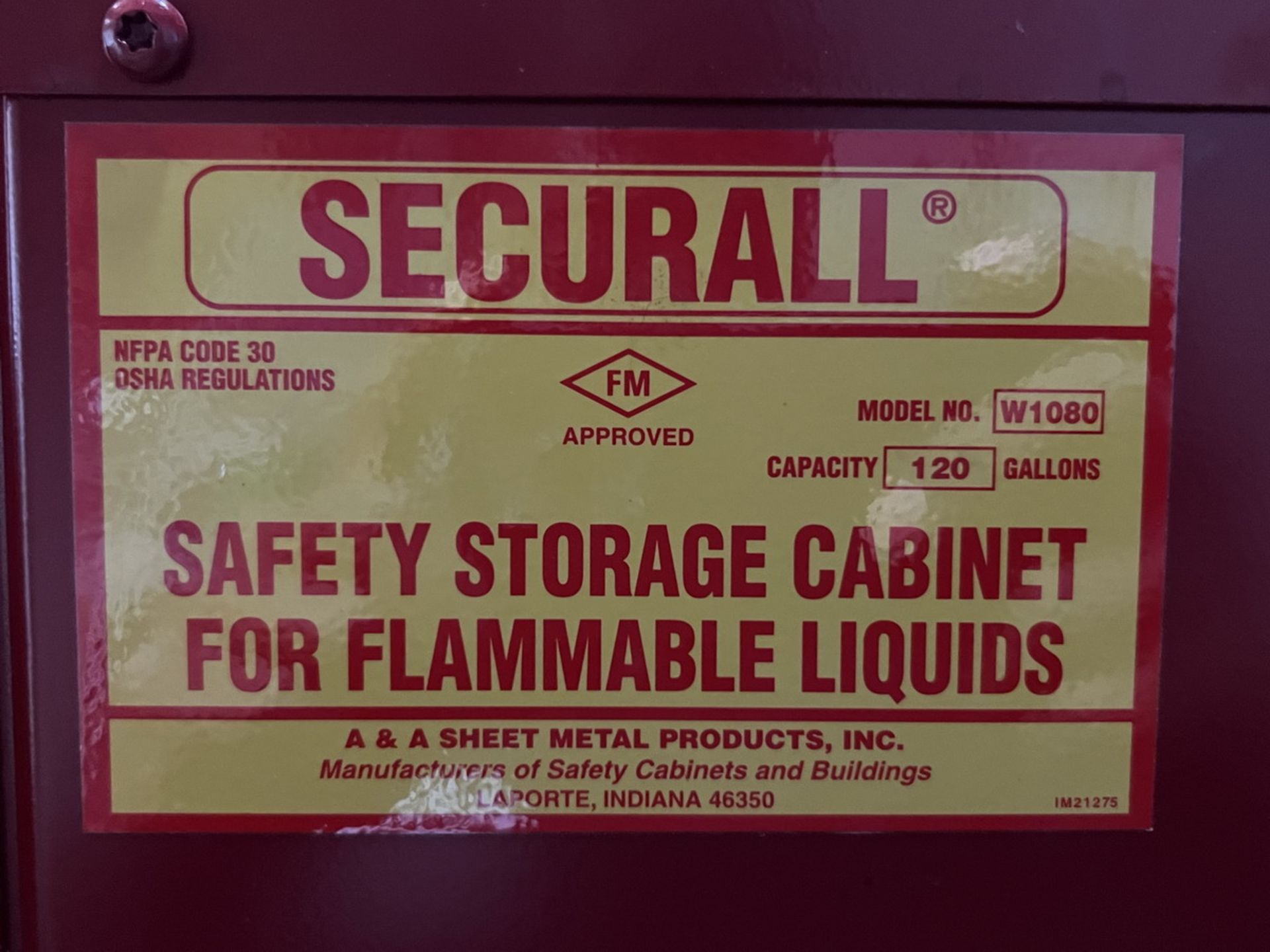 A & A Sheet Metal Securall 120 gal. Cap. Model W1080 2-Door Flammable Liquid Safety Storage Cabinet; - Image 4 of 4