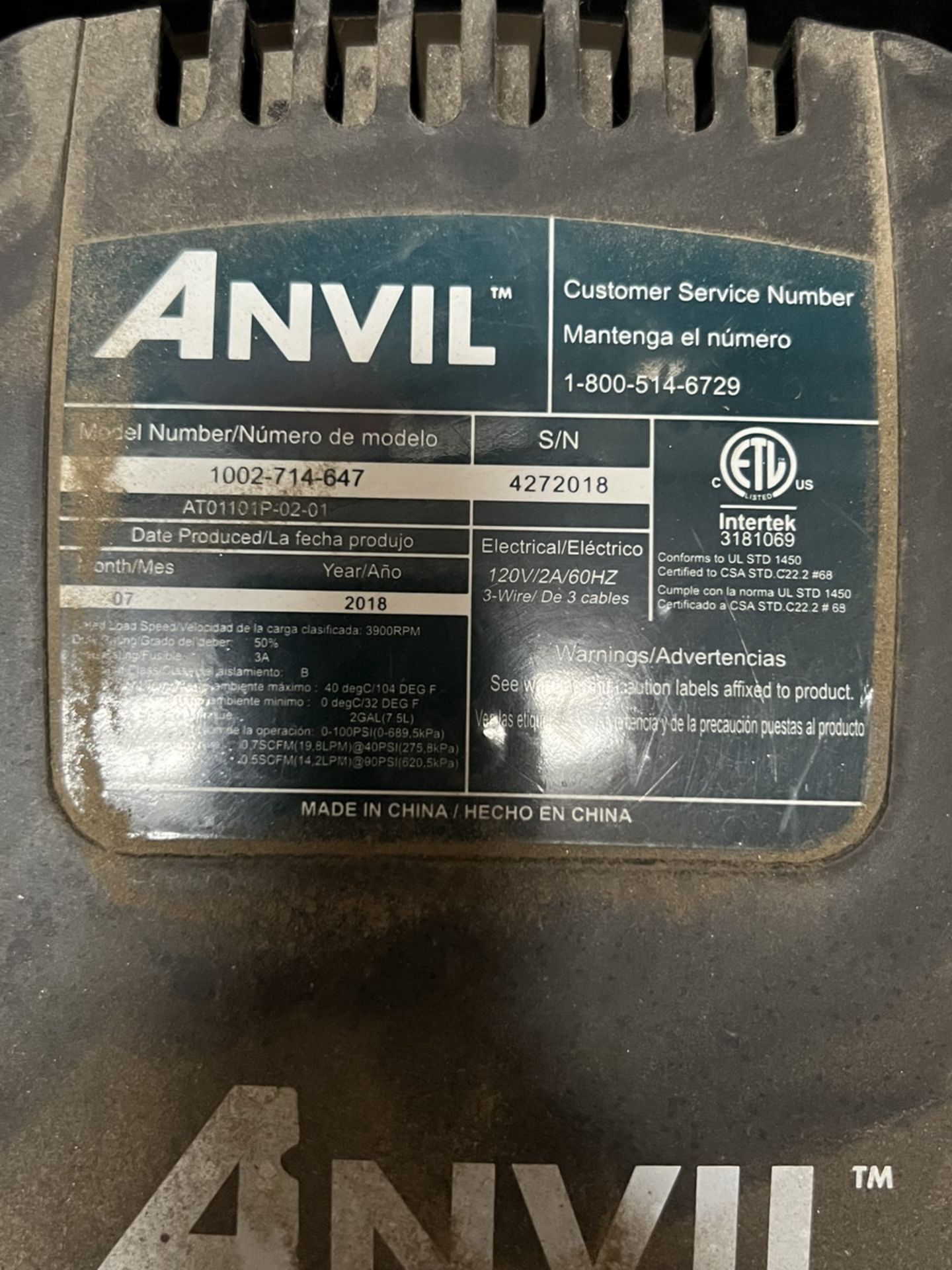 Anvil 2-Gal. Cap. Model 1002-714-647 Air Compressor, S/N: 4272018 (2018); 100-PSI, 0.7-SCFM @ 40-PSI - Image 4 of 4