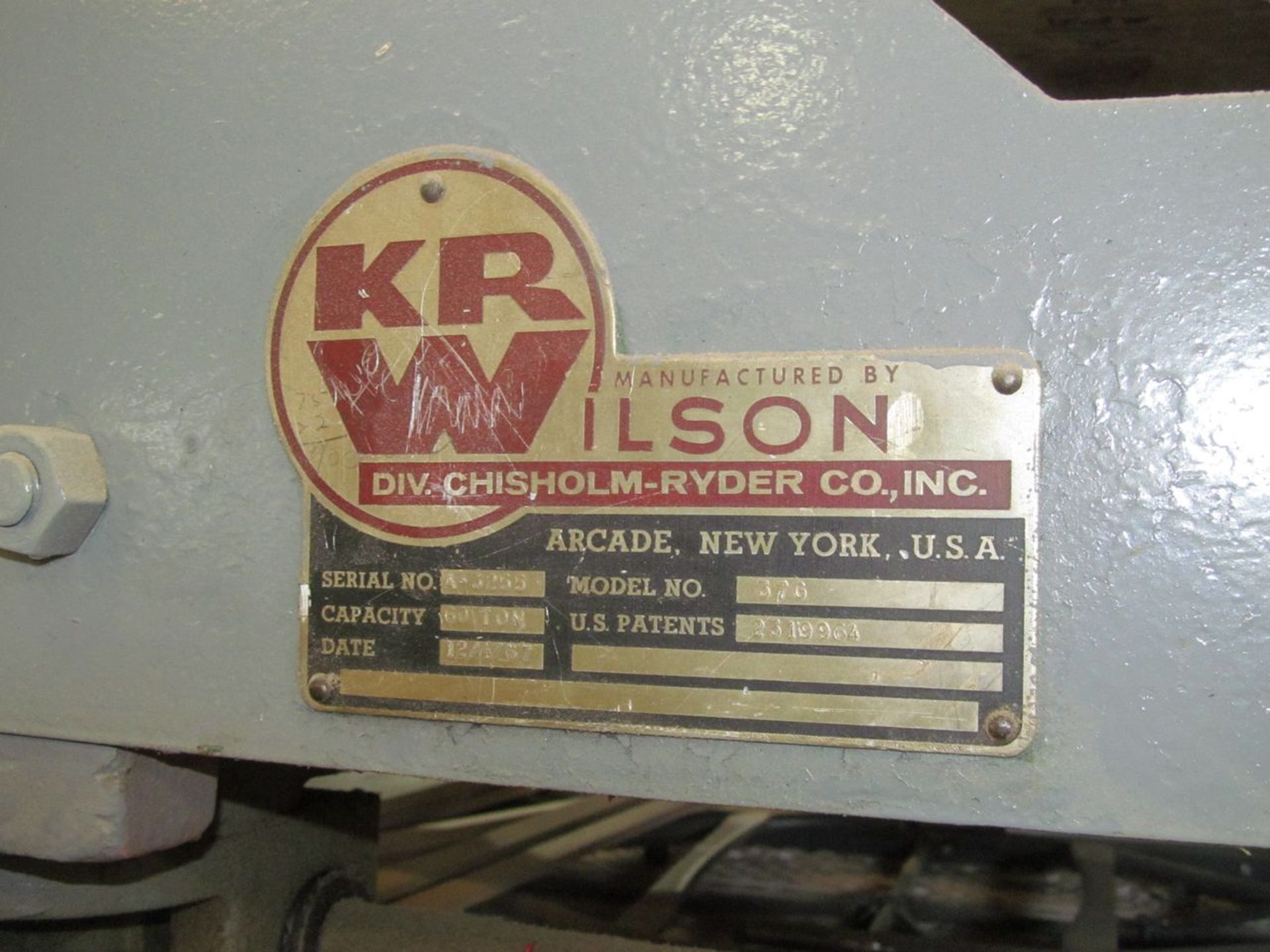 KR Wilson 60-Ton Capacity Model 37G Hydraulic H-Frame Press, S/N: A-3255; with 30 in. x 10 in. - Image 5 of 7